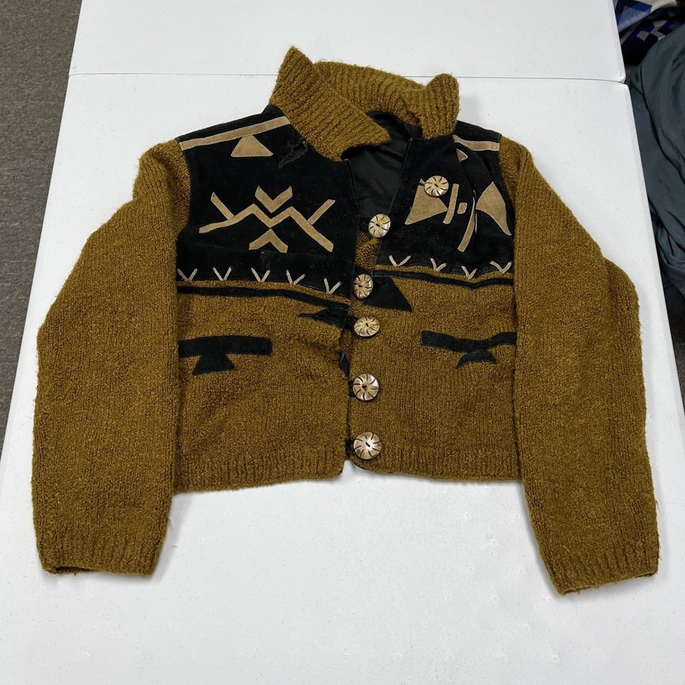 Sandy Starkman Cardigan Sweater Womens S Brown Southwestern Cropped Knit Suede